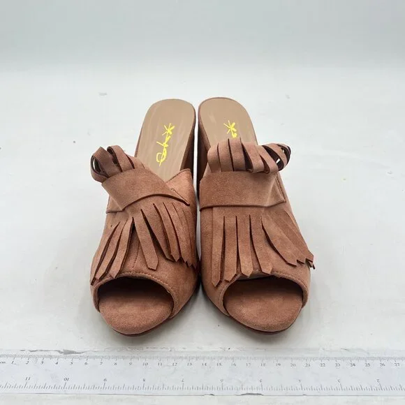 XYD Tan Open Toe Mules with Fringe High Chunky Heels Summer Slides Sandal - Picture 3 of 8